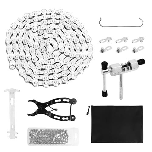 Fahrradkette Werkzeug, Fahrradketten Set mit 6/7/8 Fach Fahrrad Kette 1/2 x 3/32 Inch 116 Glieder, Aufbewahrungstasche, Kettenbrecher und Kettenprüfer für Rennräder, BMX Mountainbikes(Silber)