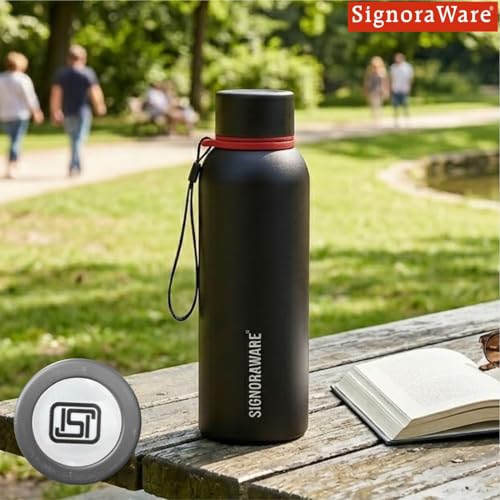 Image of SignoraWare Parkour Vacuum ISI Certified Stainless Steel Bottle With Hanging Strip | Airtight & Leakproof | Easy To Clean | Lightweight | Ideal for School, Office, Gym Or Outdoors (700ml | Black)