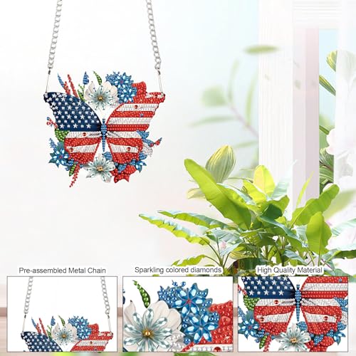Image of 4th of July Diamond Painting Hanging Ornament Kit, Patriotic American Flag Butterfly Wreath DIY Diamond Art Acrylic Pendant, Diamond Painting Kit for Adults Independence Day Home Window Wall Decor