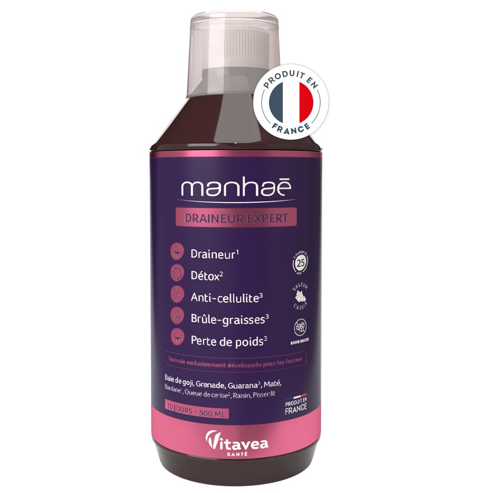 Manhaé - Draineur Expert - Draineur, Détox, Perte de Poids - Guarana, Baie de Goji, Grenade, Bardane, Queue de Cerise - 500ml - 10 jours - Saveur Cassis - Fabriqué en France - Vitavea (Lot de 2)