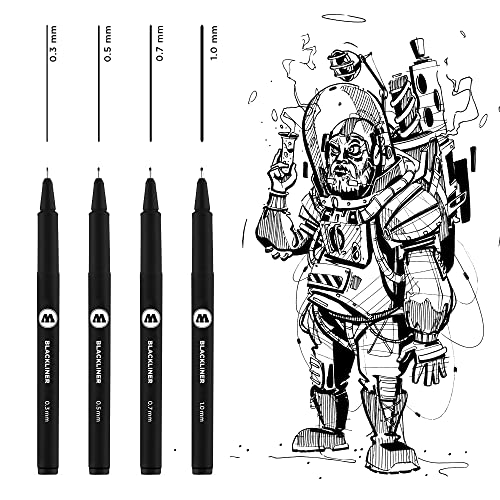 MOLOTOW Blackliner Conjunto de 4 canetas 2-0,3 mm, 0,5 mm, 0,7 mm, pontas de 1 mm, 1 conjunto cada (200,487)