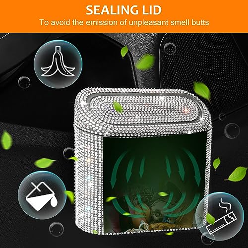 Image of Accmor Bling Car Trash Can with 30pcs Garbage Bags, Vehicle Trash Bin with Lid Auto Dustbin Organizer Garbage Storage, Sparkling Crystal Mini Trash Container Holder