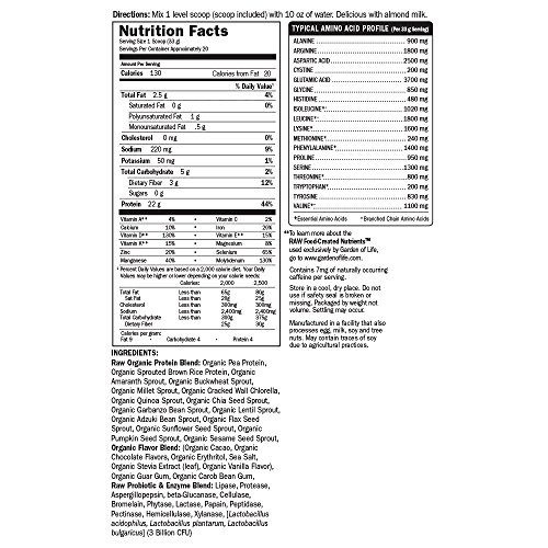 Image of Garden of Life Raw Organic Protein Chocolate Powder, 20 Servings, Certified Vegan, Gluten Free, Organic, Non-GMO, Plant Based Sugar Free Protein Shake with Probiotics & Enzymes, 4g BCAAs, 22g Protein