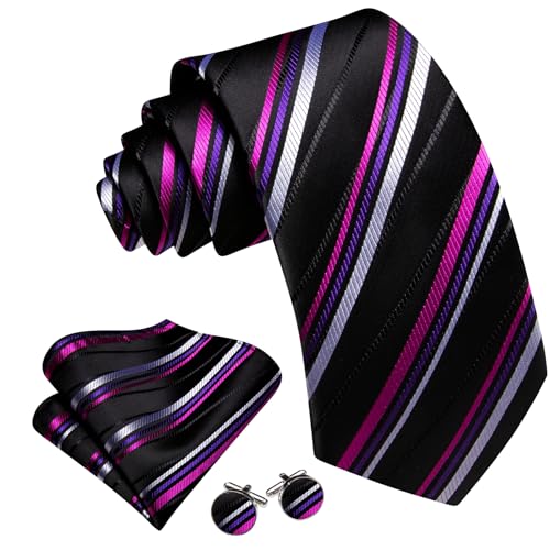 Image of Barry.Wang Man Stripe Ties Set Silk Woven Pocket Square Necktie Cufflinks Formal Party Business