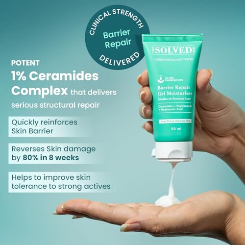 Image of The Solved Skin Barrier Repair Gel Moisturizer for Acne-Prone Skin | 1% Ceramide Complex Stops Irritation, Dryness & Redness | Lightweight, Non-Greasy, Won't Clog Pores | Fragrance-Free | 50ml