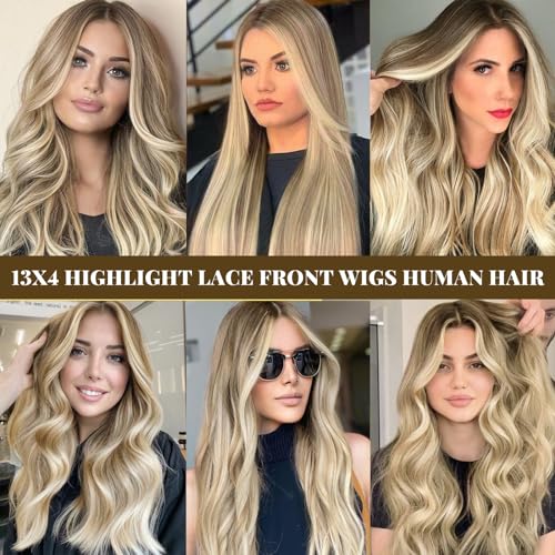 Image of Belaved Ombre Blonde Lace Front Wig, Human Hair, 13x4 Highlights Ash Brown to Blonde, 150% Density Straight 30 Inch HD Lace Frontal Wig for Women, Pre-Plucked With Baby Hair