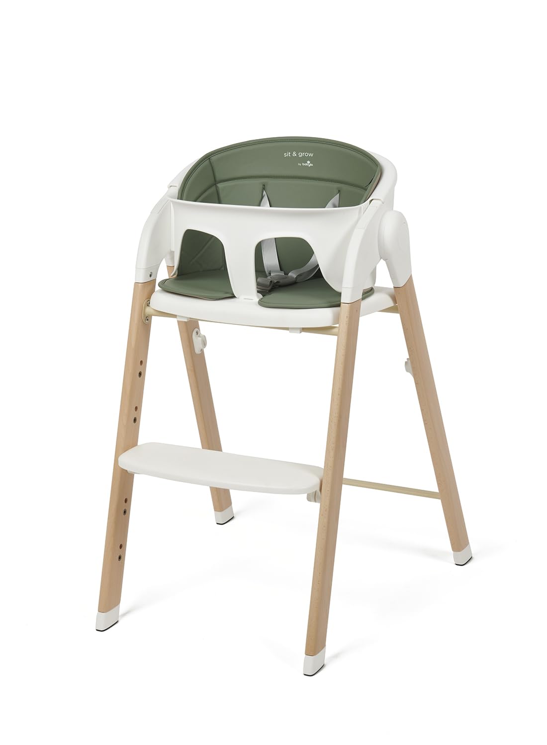 Babylo Sit & Grow - Trona y asiento infantil con arnés seguro y reposapiés, forro acolchado extraíble y bandeja para una fácil limpieza, color blanco y verde