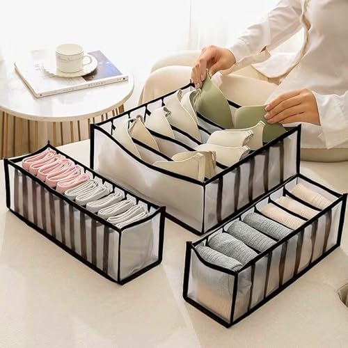 Image of atorakushon Fabric 6 Cell Bra Compartment Wardrobe Organizer /Closet Storage Box for Underwear /Socks /Ties /Scarves /Bras /Lingerie /Almirah Storage Solution Foldable Drawer Organizers (Set of 3 Black)