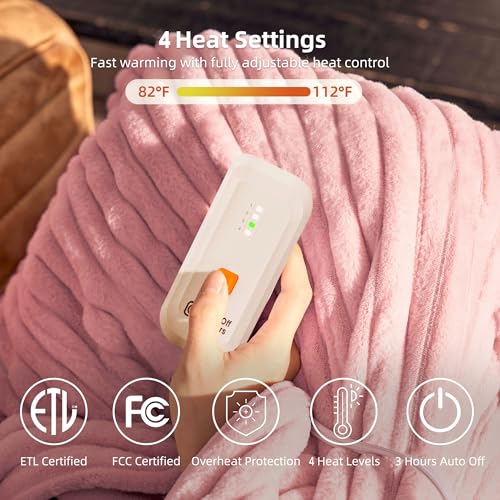 GOTCOZY Electric Blanket Heated Throw 50''X60''- Ribbed Faux Fur Heated Blanket with 4 Heating Level & 3 Hour Auto Off Heating Blanket, ETL&FCC Certified Machine Washable(Pink)