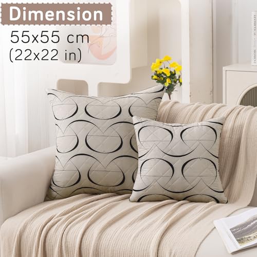 Image of HOKIPO 'Elira Series' Printed Quilted Cushion Cover for Sofa 22x22 Inches, Set of 2, Natural Beige Abstract Art (AR-6232-C4*2)