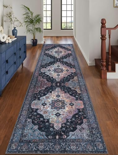 Image of Tangsoo 2x10 Washable Runner Rug for Hallways, Non Slip Vintage Runner Soft Low Pile Long Rug Runner, Print Distressed Navy /Mlulti Carpet Runners for Kitchen Bedroom Entryway Bathroom Living Room
