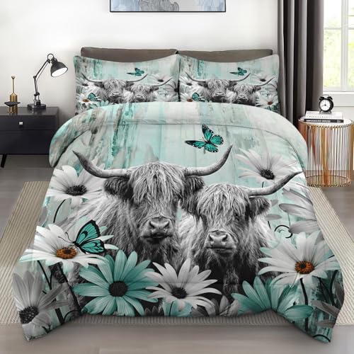 Pamnest Comforter Set Twin Size, Highland Cow Buffalo Bull 2 Pcs Soft Bedding for Kids and Adults, Flower Daisy Butterfly Comforter Set with Pillowcase, for Bedroom Bed Decor
