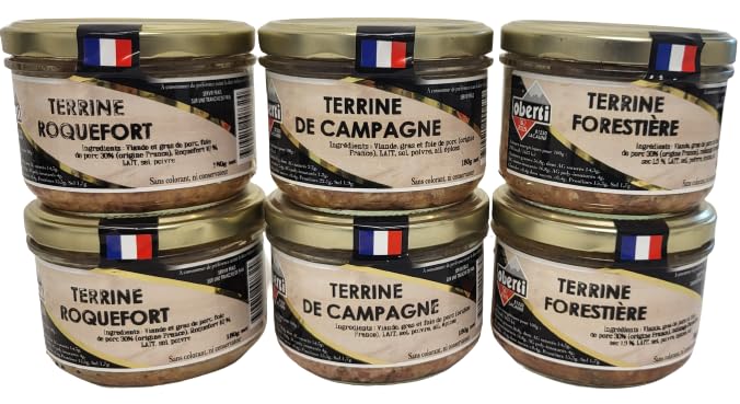 2 Terrines de Campagne + 2 Terrines Forestières + 2 Terrines au Roquefort - soit 6 conserves de 180 g chacune - Origine France
