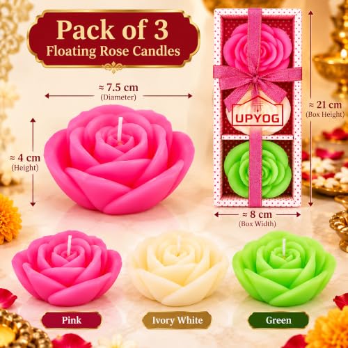 Image of UPYOG Diwali Diya Decoration Floating Candles Giant Rose Candles | 3 Pcs Bulk Pack | Smokeless, Dripless & Long Lasting Water Lamp Candles Deepawali Decor