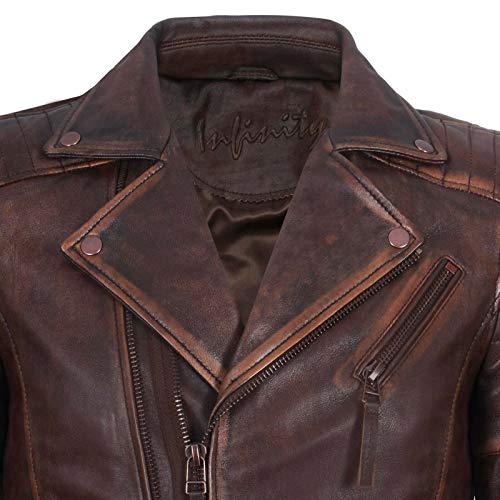 Men's Brown Slim Fit Brando Style Double Cross Zip 100% Leather Biker Jacket4