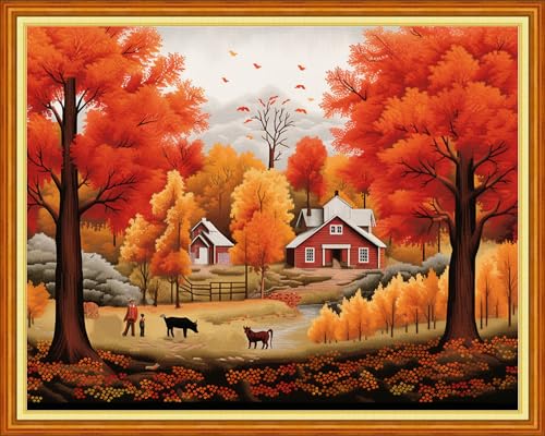 Image of DMCVIVR Stamped Cross Stitch Kits for Adults Beginners Embroidery Kits 11CT Needlepoint Kits Cross Stitch Patterns Embroidery Patterns-Beautiful Late Autumn 16x20 inch, Handicrafts 40