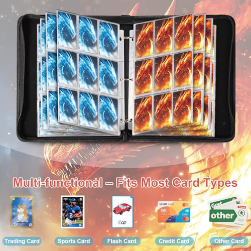 Image of Fire & Ice Dragon 9 Pocket Trading Card Binder Album, Holds 900 Cards with 50 Removable Double-Sided Sleeves, Waterproof PU Leather Zipper Binder for TCG, MTG, Sports Cards