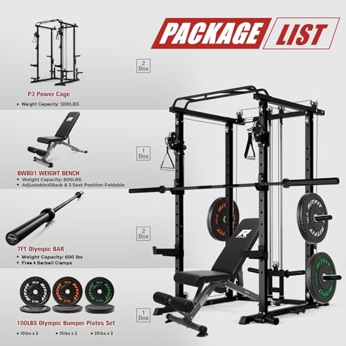 Image of RitFit Multi-Function Garage & Home Gym Package Includes 1200LBS Power Cage PPC03 /P3 with Cable Crossover System, Weight Bench, Olympic Barbell Weight Set, Full Body Workout