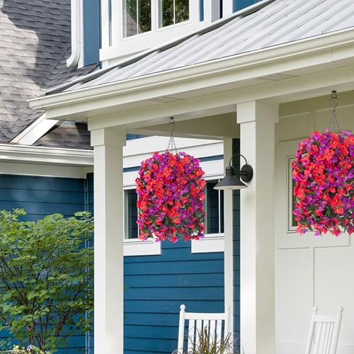 Image of INSPRING Artificial Bougainvillea Faux Flowers Plants Baskets for Outdoor Outside Decoration, 3PCS Fake Silk Flowers Long Trailing Vines UV Resistant Realistic for Front Door Porch Patio (PurpleRed)