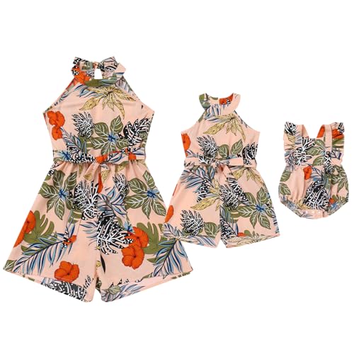 Mommy and Me Floral Leaf Family Matching Summer Beach Hawaiian Vacation Jumpsuit Romper Summer Casual Clothes
