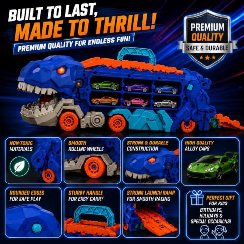Image of TEC TAVAKKAL Big Hauler Storage & Transform Transport Truck Toy for Kids |3-in-1 Carrier Truck with 2 Foldable Ejection Race Tracks & Die-Cast Cars |61 Inch Dual Racing Track |Educational Toy (Dino)