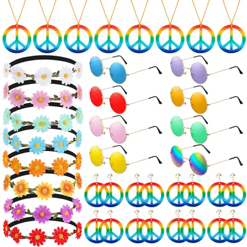 Highergo 32 Pcs Hippie Costume Accessories Set 60s 70s Party Decorations Peace Sign Necklaces Earrings Daisy Sunflower Headband Retro Sunglasses for Women Hippie Party Supplies