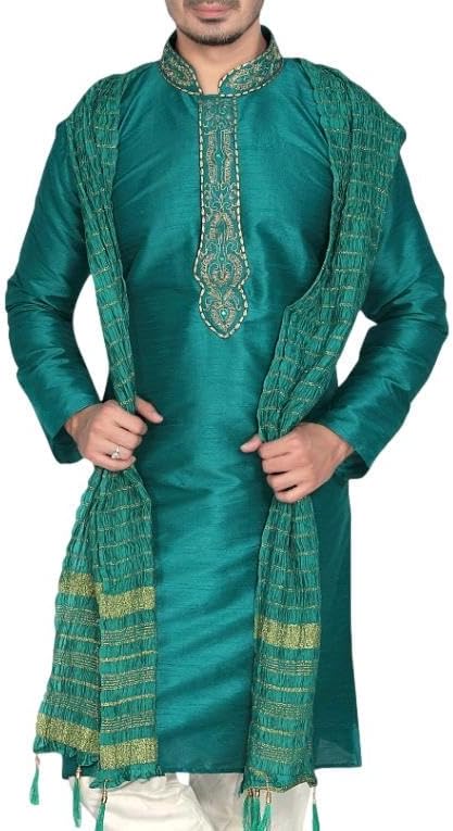 MKP9008 Green and Ivory Men's Kurta Pyjama Indian Suit Bollywood Sherwani - Image 3