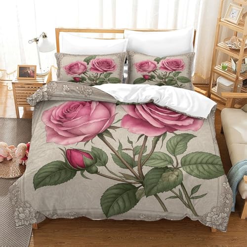 Parure de lit roses vintage housse de couette double 3D microfibre douce - 3