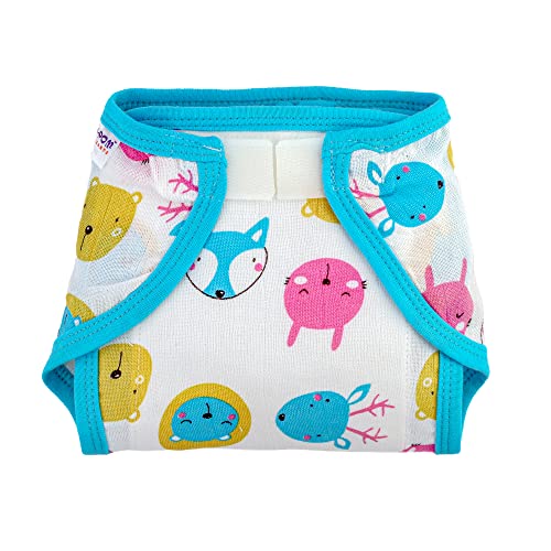 Image of Pom Pom Sweethearts Washable Reusable Printed Welcro Self Fastener Cotton Muslin Nappy, Langot For New Born Baby - Pack of 5 (Animal Face Print 3-6 Months)