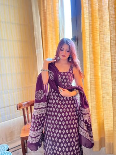 Image of Women's Rayon Slub Printed Kurti Palazzo Set with Chanderi Cotton Dupatta, Sleeveless Round Neck Ethnic Kurta Set with Cotton Inner, Stylish Printed Kurti Set for Festive,