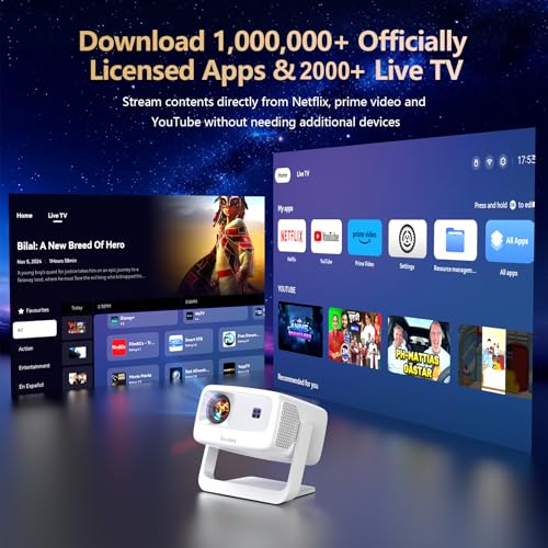 Image of [10,000+ Licensed Apps /Live TV /Ultra Bright /65W Dolby Audio] Outdoor-4K Projector with WiFi and Bluetooth, Goiaey Smart Projector with 360Stand, HDR10+, AI Auto Focus /Keystone, Short Throw Proyector