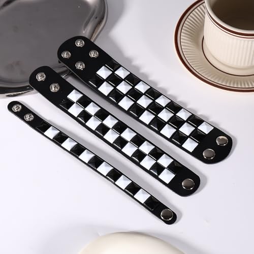 3 Piece Black White Checkered Leather Studded Punk Bracelet, Adjustable Genuine Wristband for Men Women, Gothic Halloween Accessories4