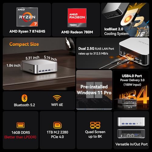 Image of GEEKOM Mini PC[Ultimate Performance Edition] A8 Max with AMD Ryzen 7 8745HS(Beats 7735hs) 16GB DDR5|1TB SSD(Expandable,Not LPDDR) Dual LAN Mini Computer,Radeon 780M Mini PC Windows 11 Pro /USB4 /8K