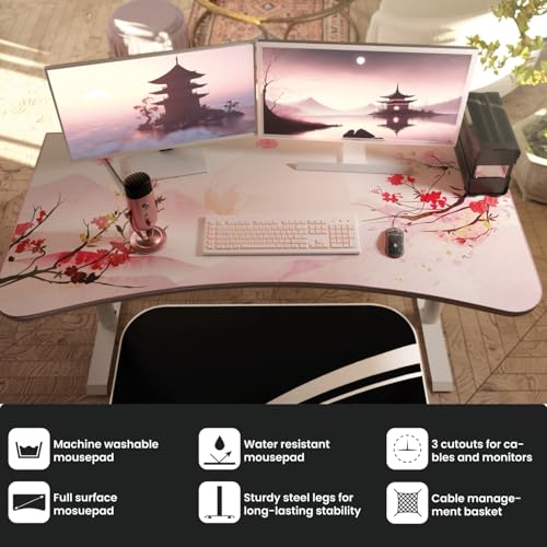 Image of Arozzi Arena Special Edition Ultrawide Curved Gaming and Office Desk with Full Surface Water Resistant Desk Mat Custom Monitor Mount Cable Management Cut Outs - Sakura