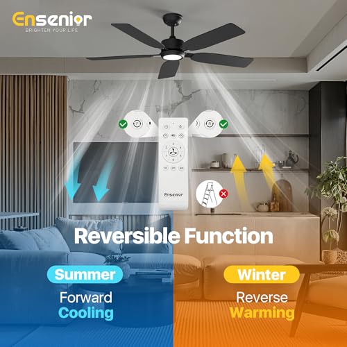 Ensenior 52 inch ceiling fan with light and remote, Noiseless Reversible DC Motor Fandelier Ceiling Fan, 6 Speeds, 3CCT, Black Modern Ceiling Fan for Bedroom and Living Room, 5 Dual-Finish Blades thumbnail 6