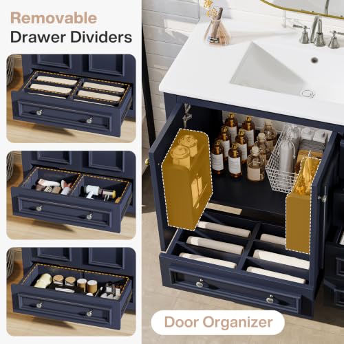Image of Tribesigns 36 inch Bathroom Vanity with Sink, Freestanding Bathroom Vanities Cabinet with Ceramic Basin Combo, Bathroom Sink Cabinet with 2 Doors and 1 Drawer, Solid Wooden Frame (Navy Blue, 36 INCH)