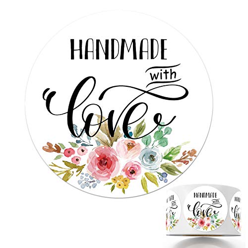 Floral Handmade With Love Stickers, 1.4 Inches Round Total 500 Adhesive Labels Per Roll (1 Roll), Handmade Packaging, Homemade With Love Stickers, Baked With Love Stickers Mr.mug #TOP3