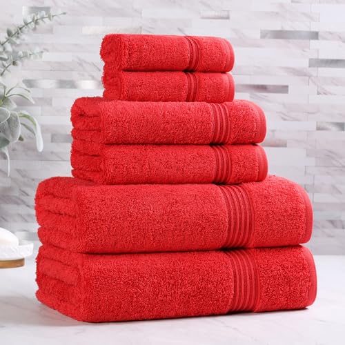 Superior Egyptian Cotton 6-Piece Towel Set, Assorted Towels for Home Bathroom, Master, Guest Bath, Decor Essentials, Includes 2 Bath, 2 Hand, 2 Face Towels/Washcloths, Quick Dry, Absorbent, Red