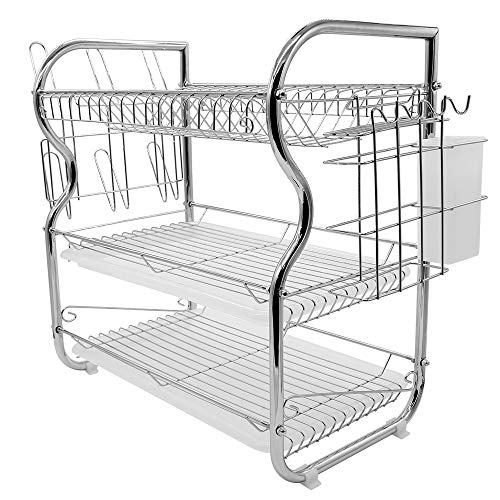 XUANYU Escurridor de Platos 3 Niveles Soporte de Cubiertos Organizador Cocina Soporte de Platos con Portavasos Escurreplatos de Cocina para Fregadero (40×25×43,5cm, Plata D) Cover