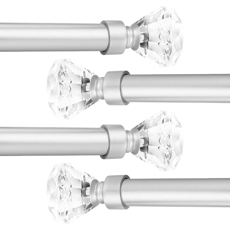 Orger 4 Pack 1 Inch Diameter Decorative Crystal Curtain Rod with Diamond Designed Finials, Single Drapery Rod Adjustabe Length From 22" Extends to 42", Satin Nickel Window Treatment Rod for Home Decor