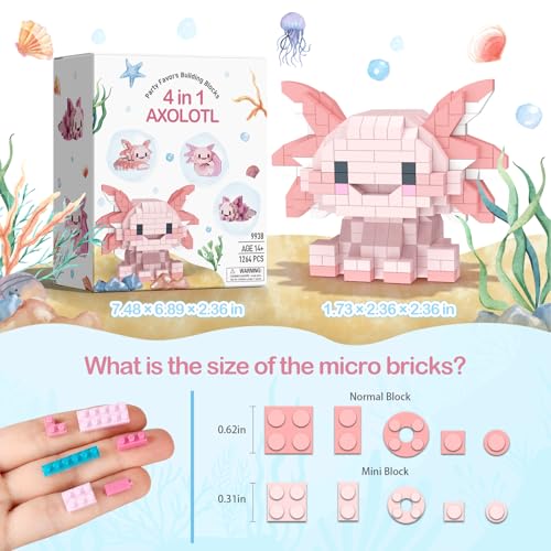 Image of HIGH GODO 4 Axolotl Party Favors Building Set, Mini Axolotl Toy Figurines, Goodie Bag Stuffers, Classroom Prize Box, Gifts for Adults Teens Age 14+