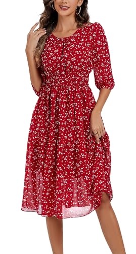 Image of Kormei Women Casual Boho Floral Round Neck 3 /4 Sleeve Smocked Waist Tiered A Line Flowy Swing Midi Dress Long Dresses