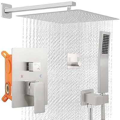 Shower Faucet Set - 12" Brushed Nickel Shower Head and Handle Set : Ceiling Rainfall Shower System with Square Rain Shower Head and High Pressure Handheld Spray Combo, Shower Valve and Trim Kit