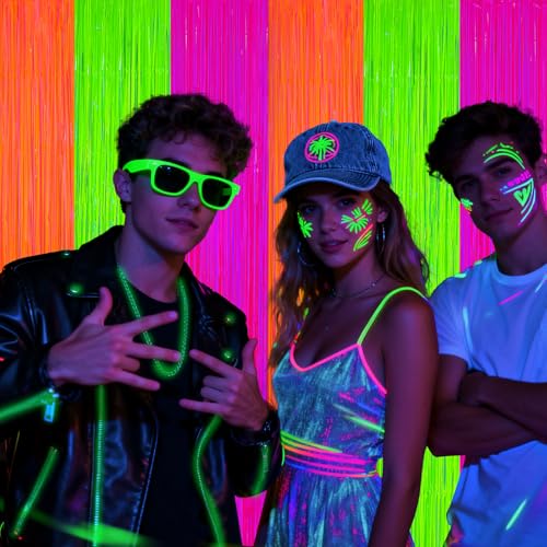 Image of 2 Pack Glow in The Dark Party Curtains Streamers, Neon Party Decorations Fluorescent Macaron Colorful Tinsel Foil Fringe Curtains, Photo Booth Prop Backdrop Streamers, Birthday Halloween Party Decor