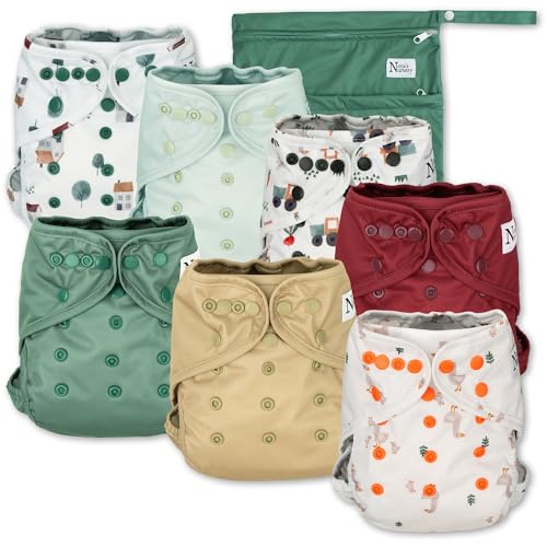 Image of Nora's Nursery Cloth Diaper Cover, Reusable Cover with Snap Closure for Flat or Fitted Inserts - 7-Pack with Wet Bag - On The Farm