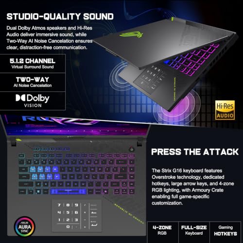 Image of ASUS ROG Strix G16 5070 300Hz Gaming Laptop, AMD Ryzen 9 9955HX, GeForce RTX 5070, 16 inch QHD+ 2.5K 300Hz IPS, 32GB DDR5, 2TB SSD, 4-Zone RGB Backlit KB, HDMI, Copilot, Windows 11 Home, w /Bundle