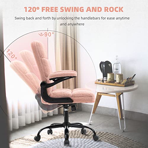 Seatzone Pink Home Office Desk Chairs With Flip-Up Armrest, Faux Fur, Fuzzy Computer Rolling Chair With Wheels, Adjustable Backward Tilt #TOP4