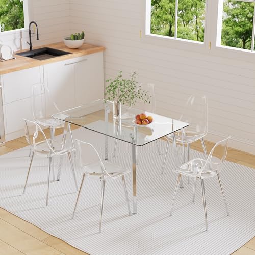 HAIZAO Silver Clear Glass Dining Table Set for 6, 51''