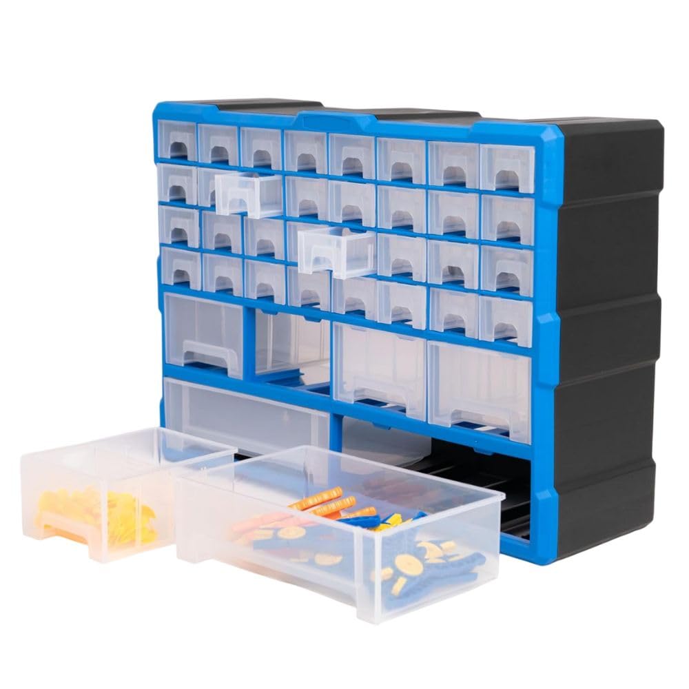 Storage Box (YTSB038) 38-Compartment Organizer Tool Box for Electronic, Jewellery, Pharmacy, Medicine, Nuts Screws Bolts, Wall Hanging (LWH: 52 * 16 * 37 CM, 1.125KG, Plastic, Blue)