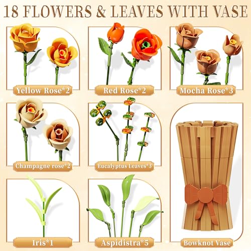 Image of Roses Flowers Set with Vase for Adults, Icon Wildflowers Bouquet Botanical Collection Kits Compatible with Lego Flowers, Artificial Flowers Set for Christmas Valentines Day Gifts Women Girls